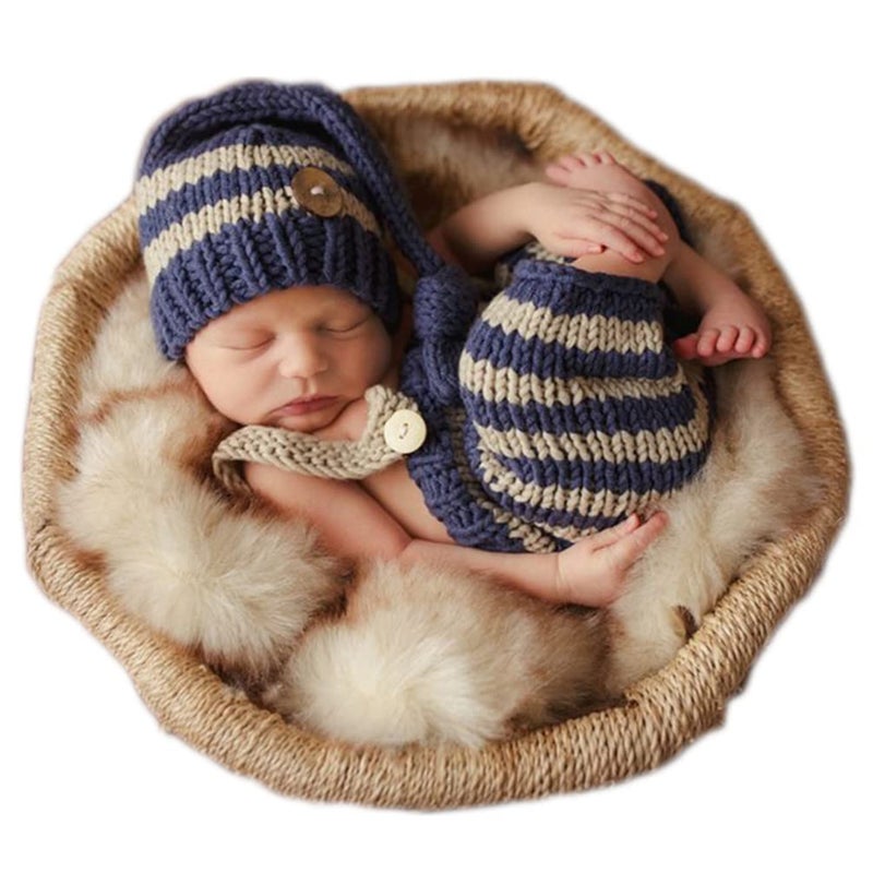 Vedory Fashion Newborn Baby Photography Props Boy Girls Photo Shoot Props Outfits Crochet Knitted Costume Unisex Cute Infant Hat Pants Set (Stripe two) - Image 1